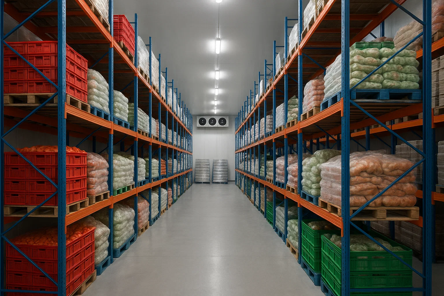 Cold storage facility interior with shelving and vials